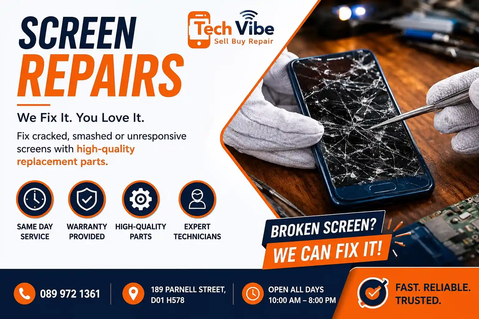 Tech Vibe screen repairs, showing cracked smartphone, tools, and service icons.