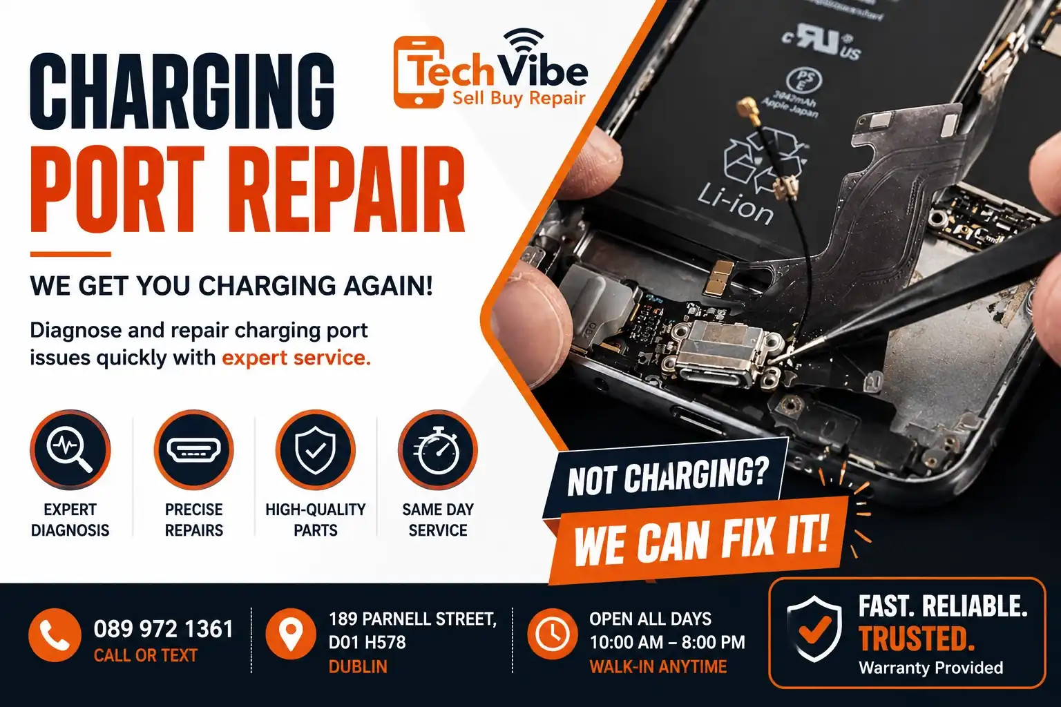 charging port repair with smartphone internals, TechVibe logo, and service call-to-action text.