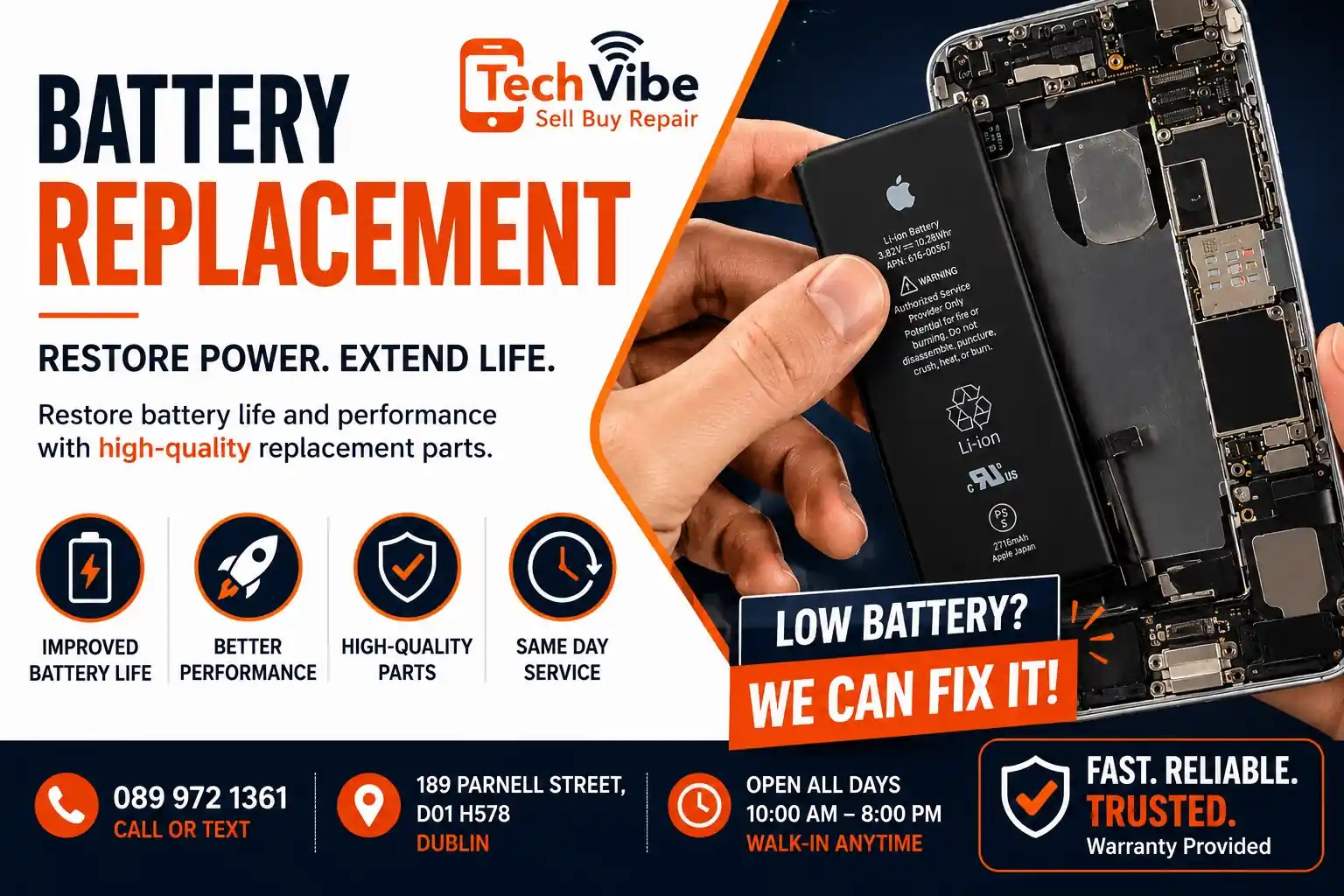 Hand holds an iPhone battery while repair service ad reads “Battery Replacement” and “We can fix it.”